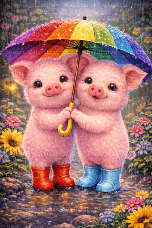 Rainbow Rain Piglets – Diamond Painting (40×60 cm)