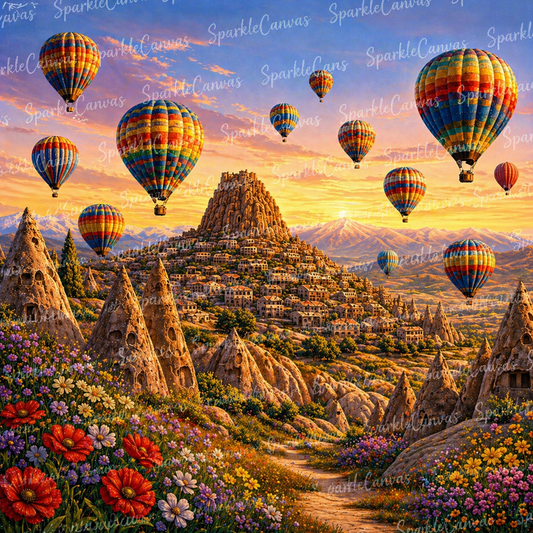 Diamond Painting – Ballonnenvallei bij Zonsondergang (60x60 cm)