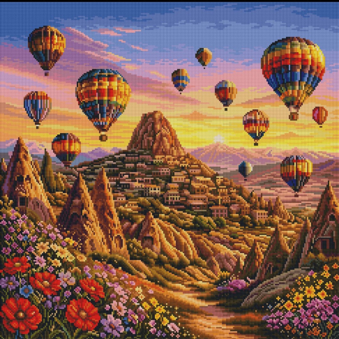 Diamond Painting – Ballonnenvallei bij Zonsondergang (60x60 cm)