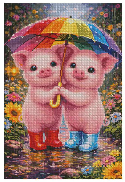 Piglets sous la pluie arc-en-ciel – Peinture diamant (40×60 cm)